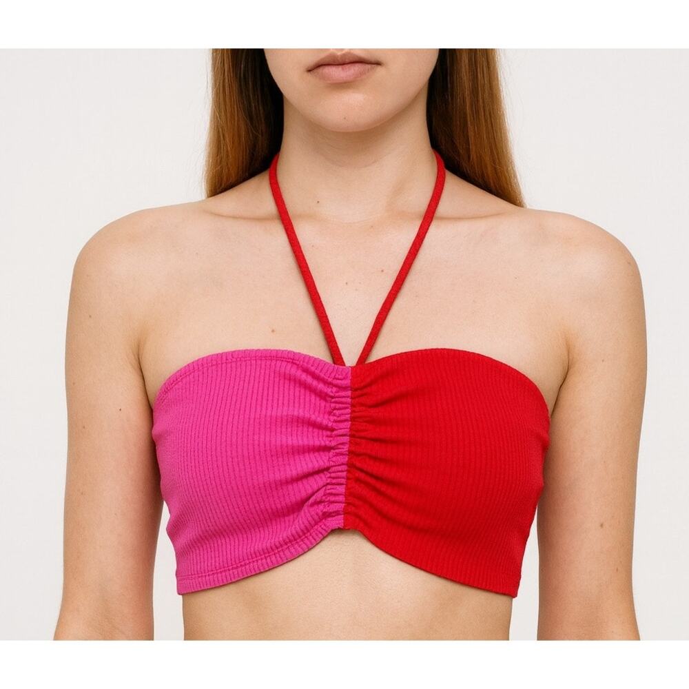 Naked Wardrobe Y2K ColorBlock Halter Crop Top Large Red Pink Festival Rave Retro